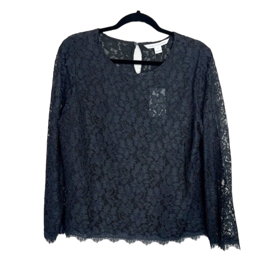 Diane Von Furstenberg Elegant Brielle Black Lace Long Sleeve Top Size 14